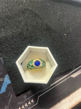 Gold Tone Blue and Teal Enamel Ring with Blue Center Stone. 2